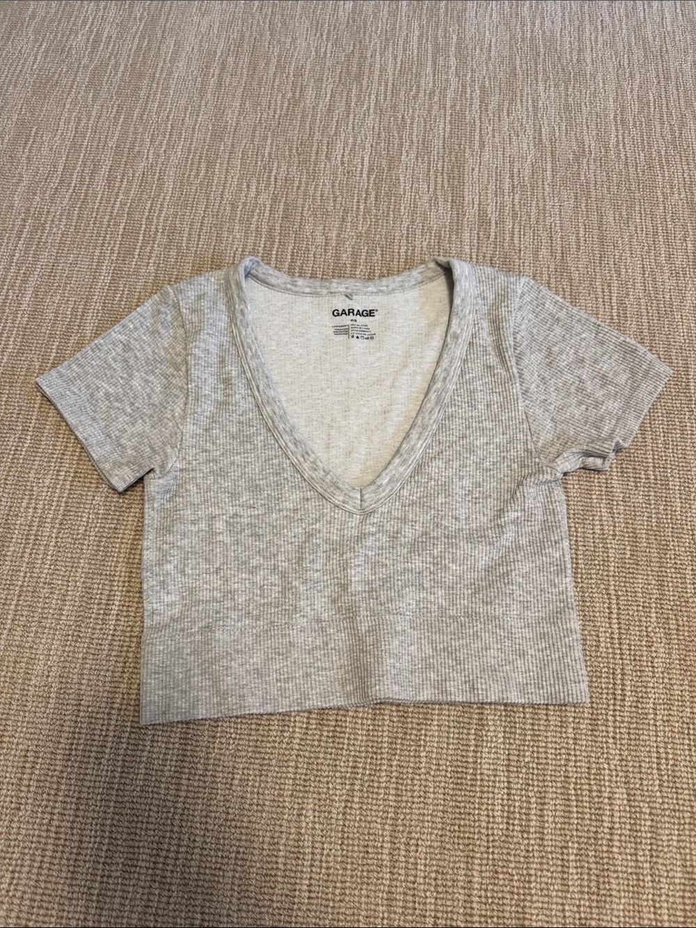Garage Light Gray Ribbed V-Neck Cropped Tee